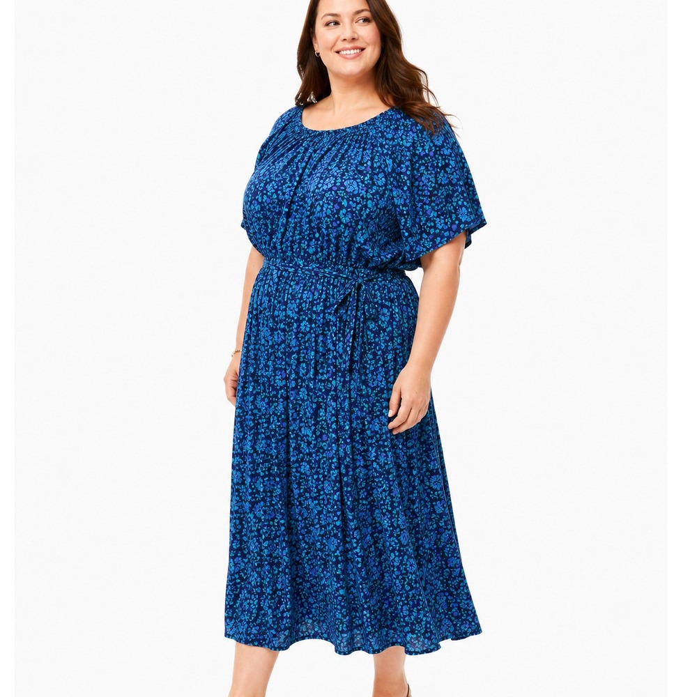 Talbots Plus Blue Floral Smocked Waist Viscose Midi Dress Size 3X‎